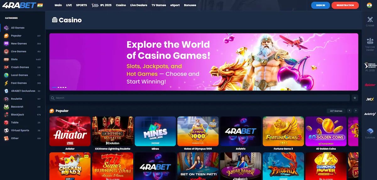 4rabet casino India online interface with popular slots, Aviator game, and live casino. Register at 4rabet and claim your welcome bonus up to ₹20,000 for casino gaming.